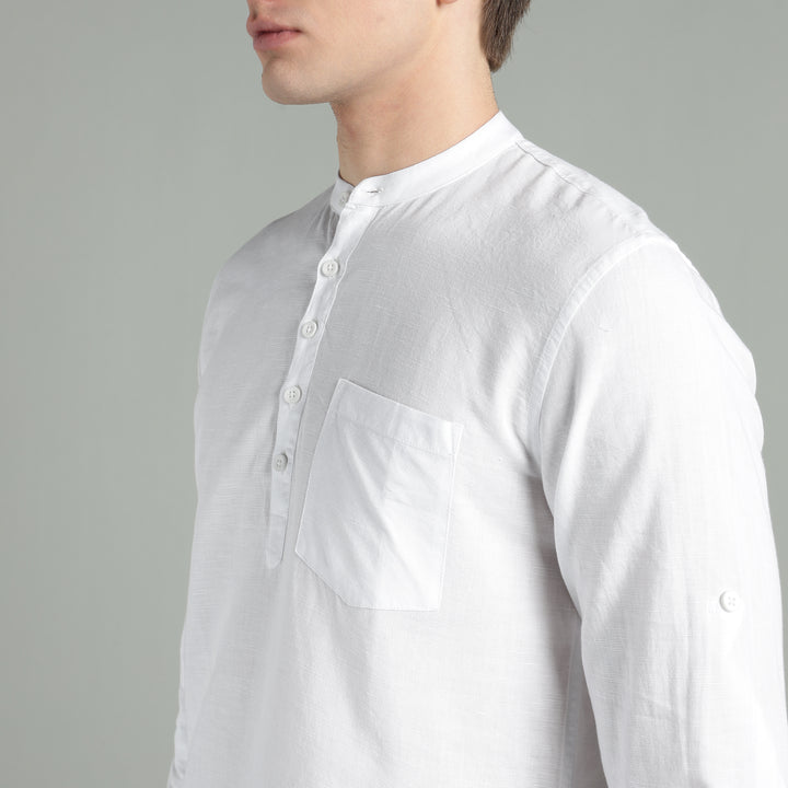 Men’s White Mandarin Collar Linen Cotton Kurta Shirt