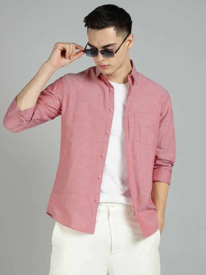 Men Red Cotton Casual Shirt