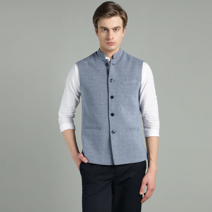 Men’s Classic Blue Textured Nehru Jacket