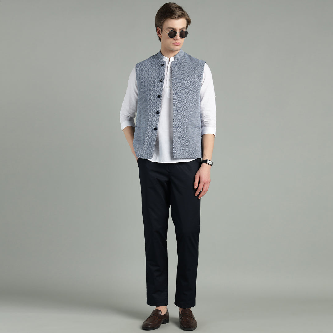 Men’s Classic Blue Textured Nehru Jacket