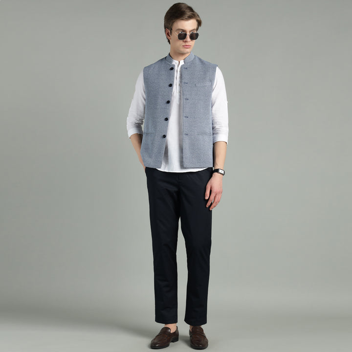Men’s Classic Blue Textured Nehru Jacket