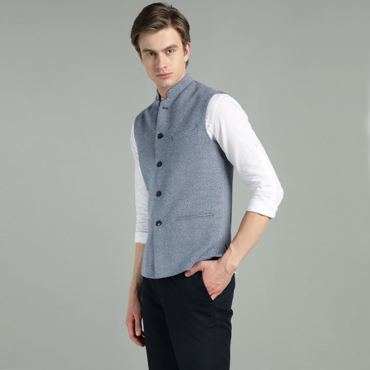 Men’s Classic Blue Textured Nehru Jacket