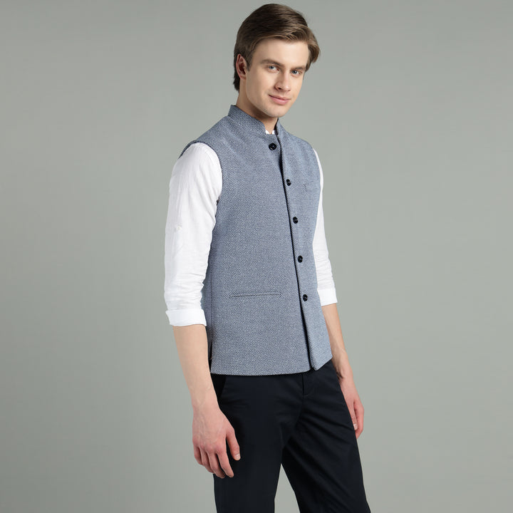Men’s Classic Blue Textured Nehru Jacket