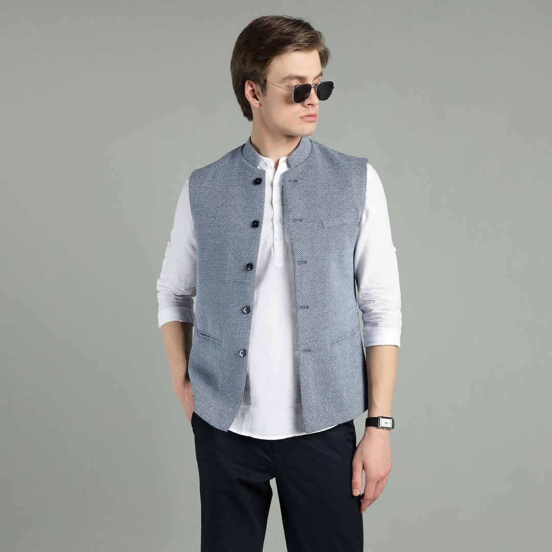 Men’s Classic Blue Textured Nehru Jacket