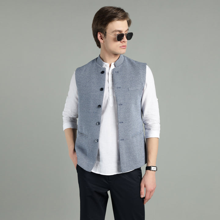 Men’s Classic Blue Textured Nehru Jacket