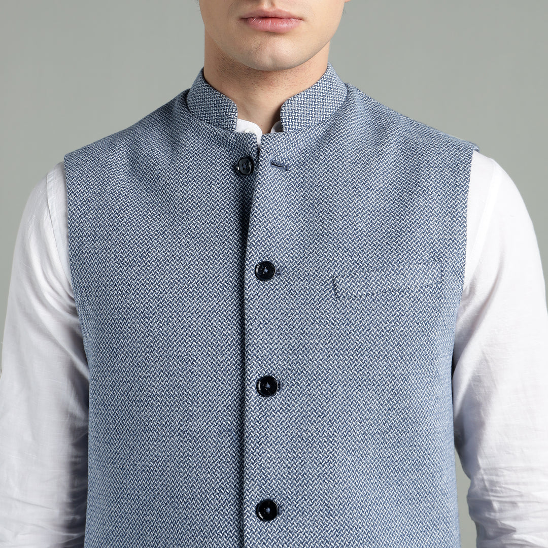 Men’s Classic Blue Textured Nehru Jacket
