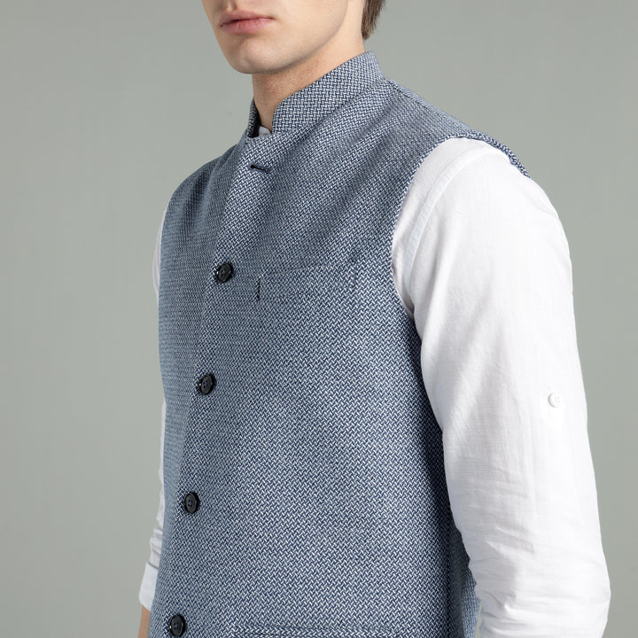 Men’s Classic Blue Textured Nehru Jacket
