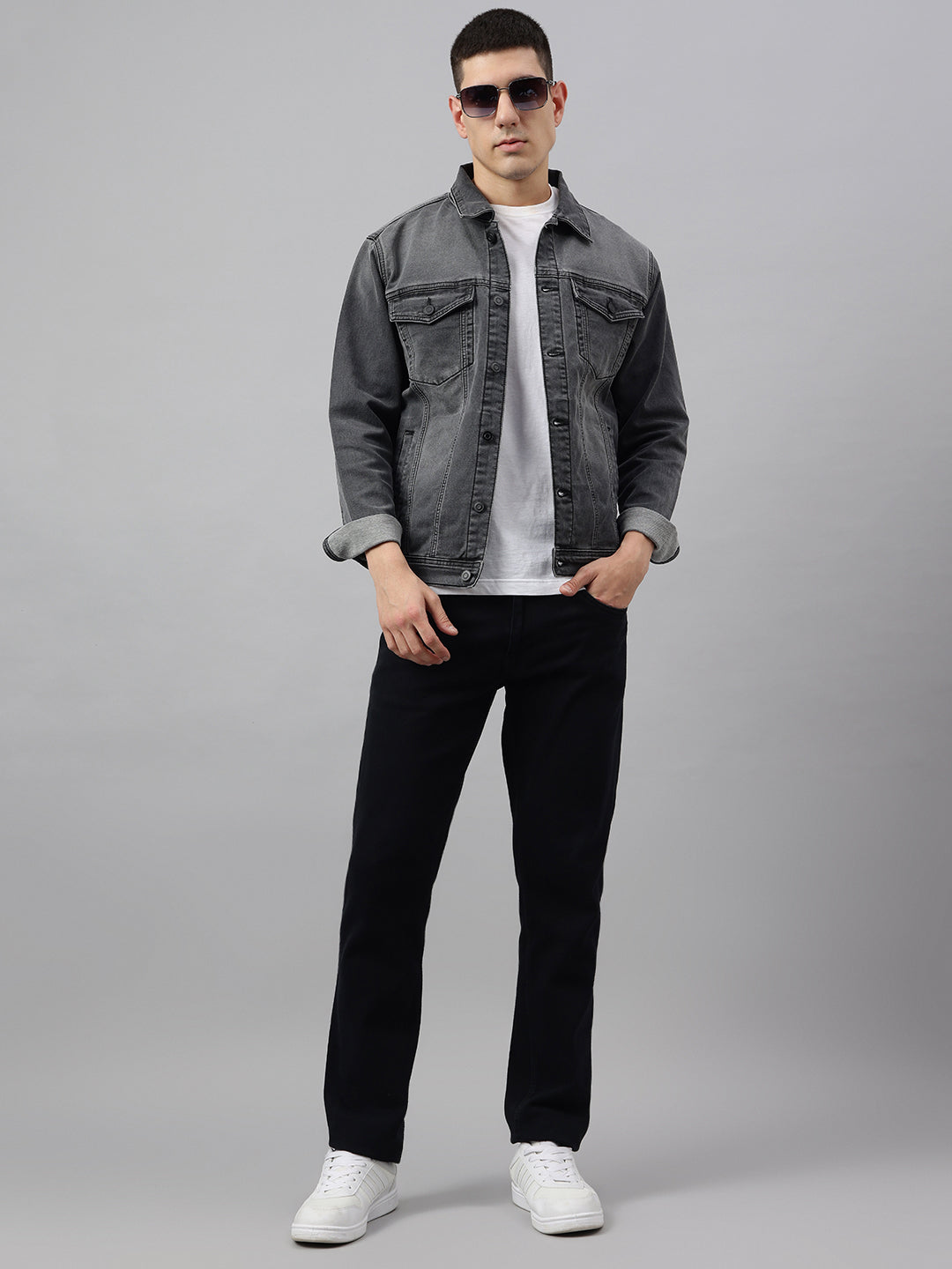 Buy Men Washed Grey Regular Fit Denim Jacket - Main Image