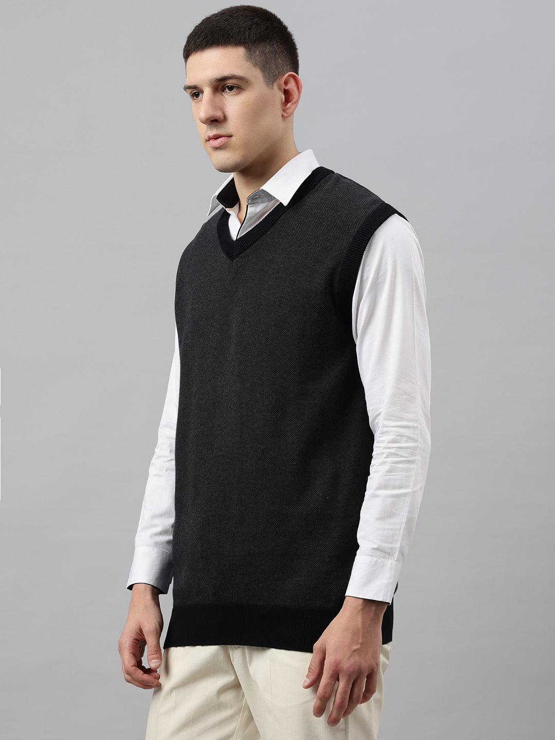 Men Sleeveless V Neck Black Anthra Sweater