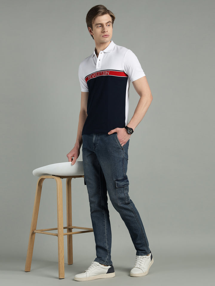 Men's White & Navy Blue Cotton Polo T-Shirt