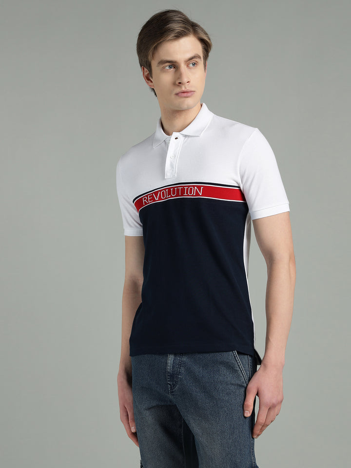 Men's White & Navy Blue Cotton Polo T-Shirt