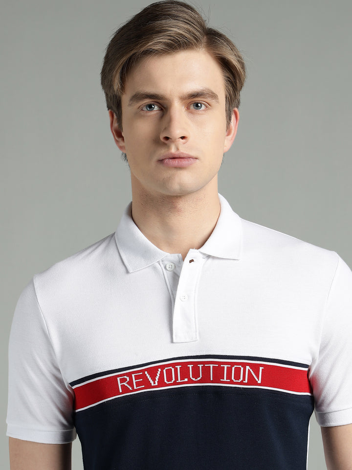 Men's White & Navy Blue Cotton Polo T-Shirt