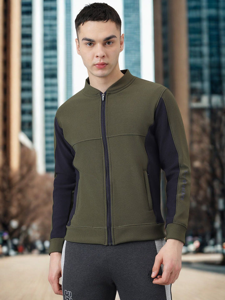 Men Olive Color Blocked Zipper Jacket