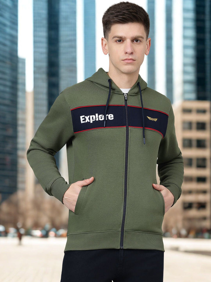 Men Olive Hooded Zipper Jacket