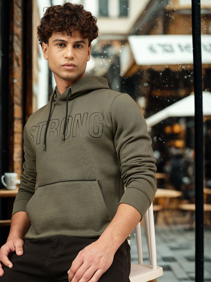 Men Olive Regular Fit Hooded Sweatshirt