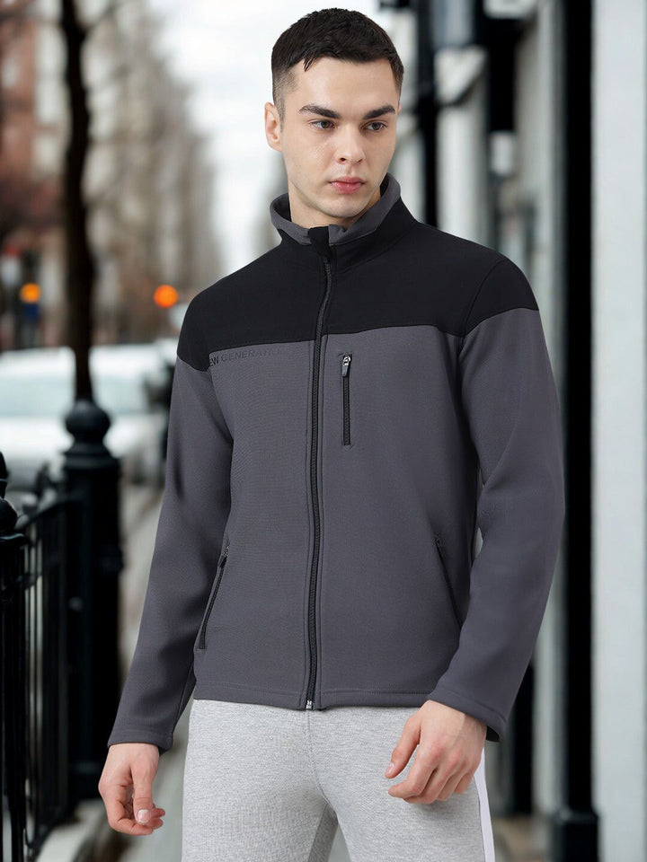 Men Dark Grey Color Blocked Zipper Jacket