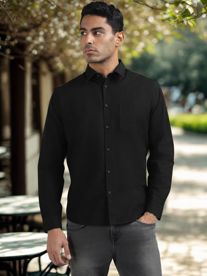 Men Solid Black Regular Fit Casual Shirt