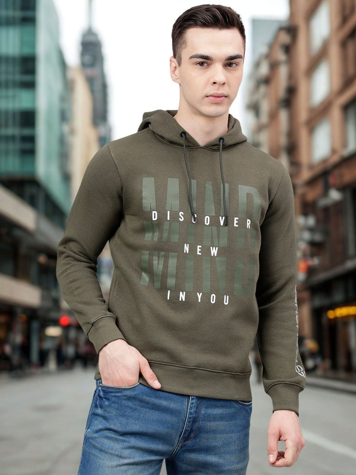 Men Olive Hooded Regular Fit Sweatshirt