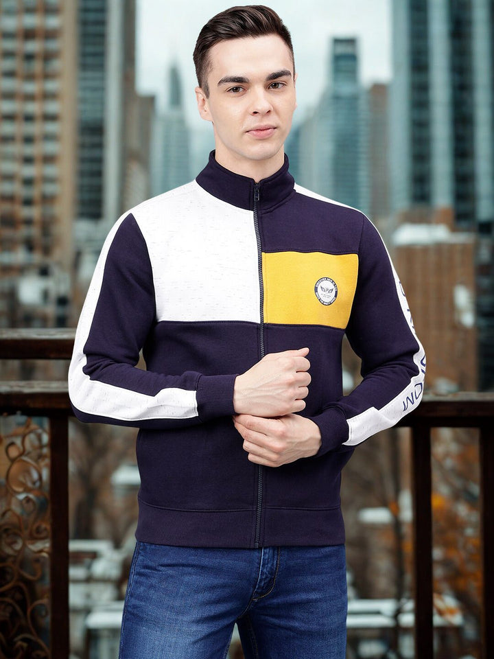 Men Navy Color Blocked Regular Fit Jacket