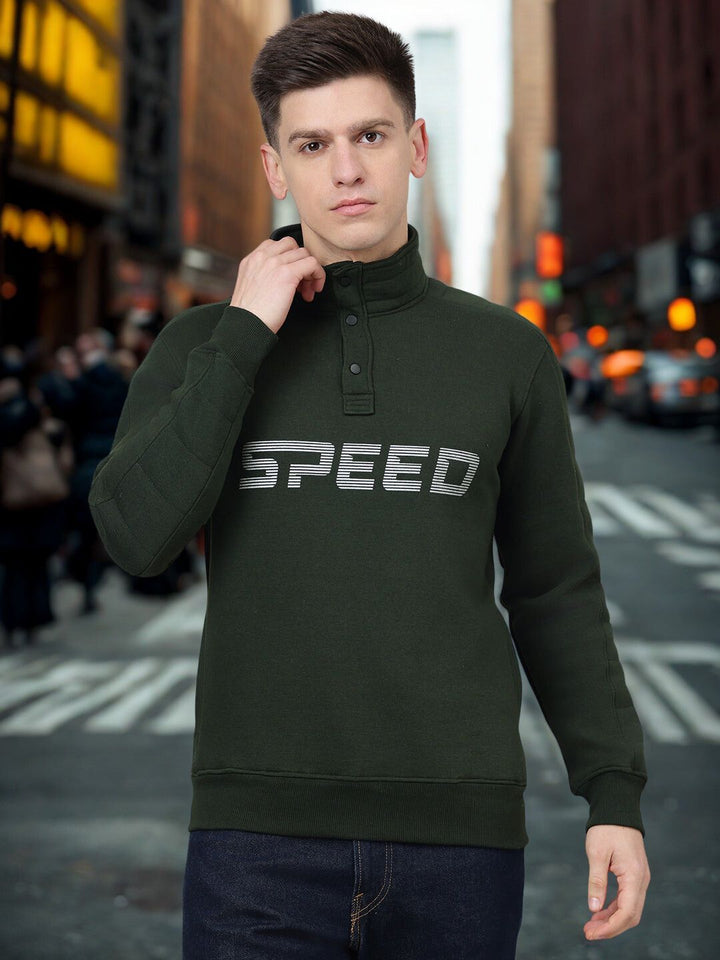 Men Olive Button Up Regular Fit Sweatshirt