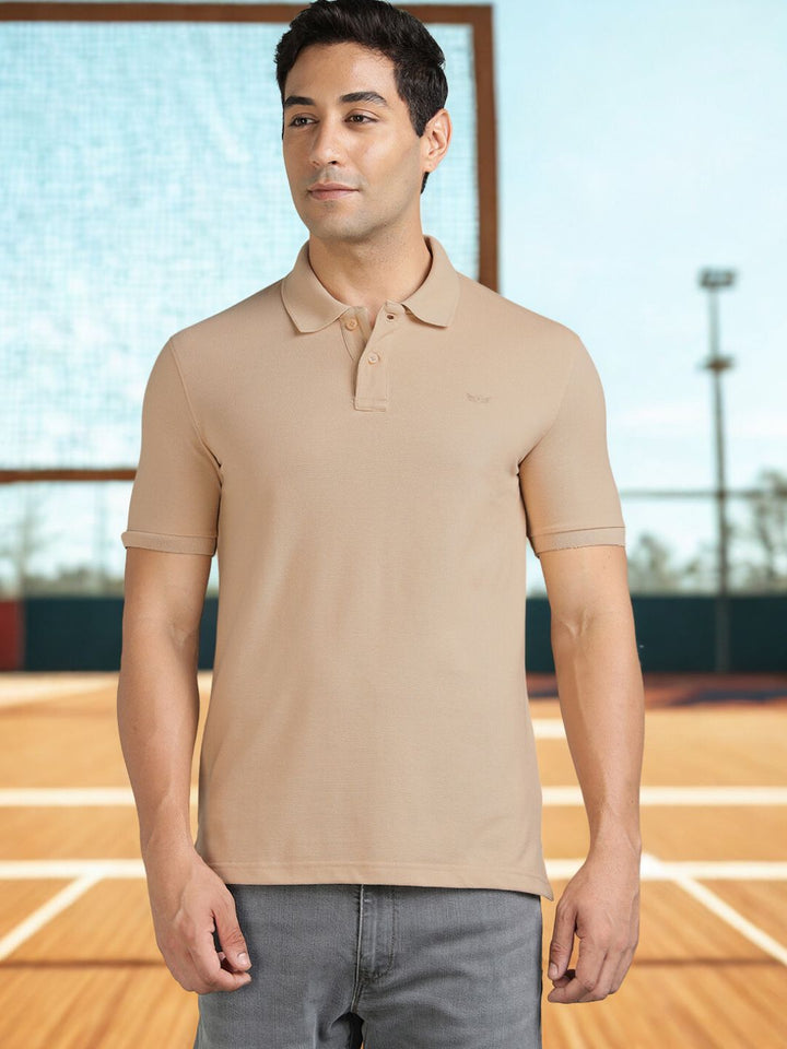 Men Solid Beige Regular Fit Polo T-Shirt
