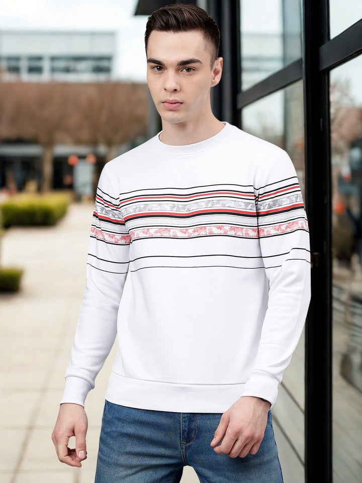 Men White Regular Fit Striped Sweatshirt