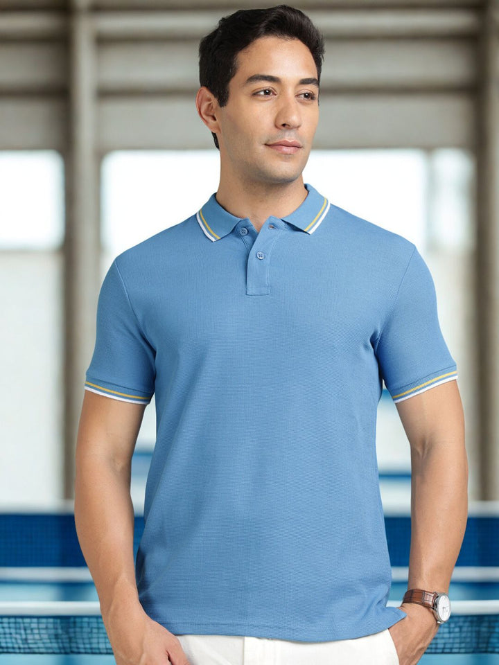 Men Sky Striped Collar Polo T-Shirt