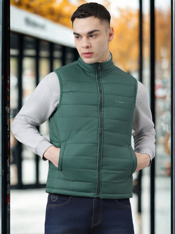 Men Dark Green & Mint Reversible Sleeveless Puffer Jacket