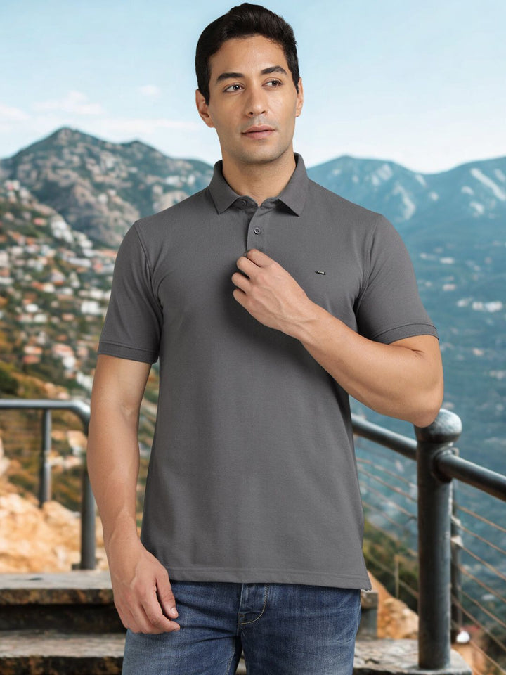 Men Dark Grey Regular Fit Polo T-Shirt