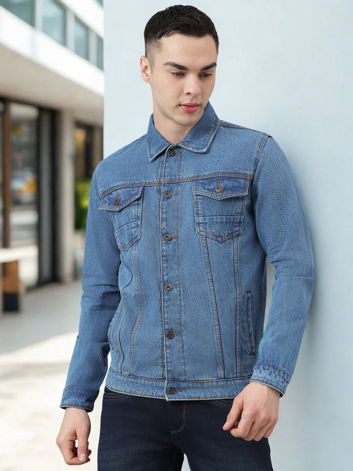 Men Mid Blue Regular Fit Denim Jacket