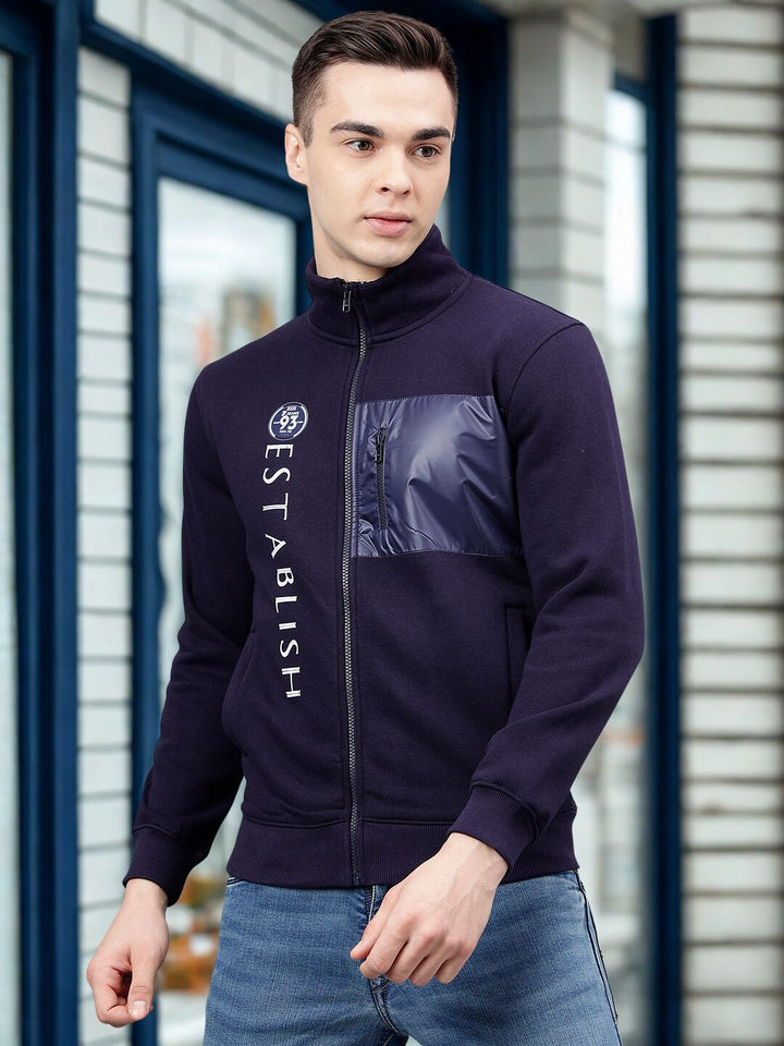 Men Navy Graphic Zipper Jacket
