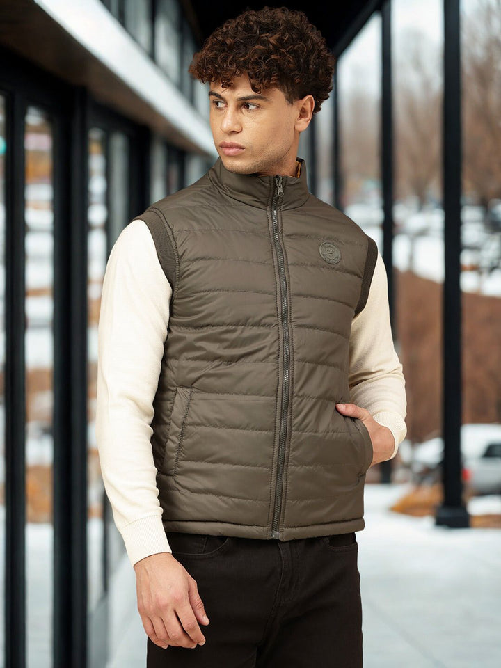 Men Olive & Mustard Sleeveless Reversible Jacket