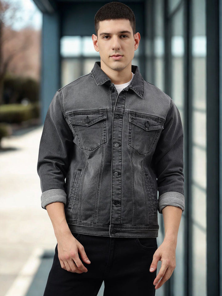 Men Washed Grey Regular Fit Denim Jacket