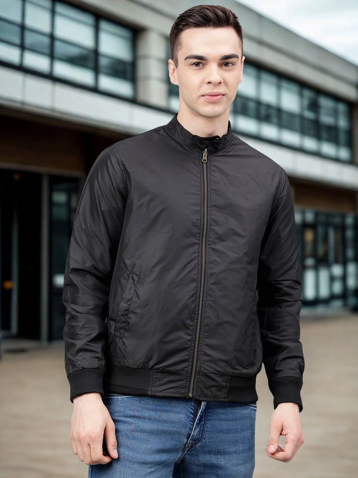 Men Black Regular Fit Checked Reversible Jacket