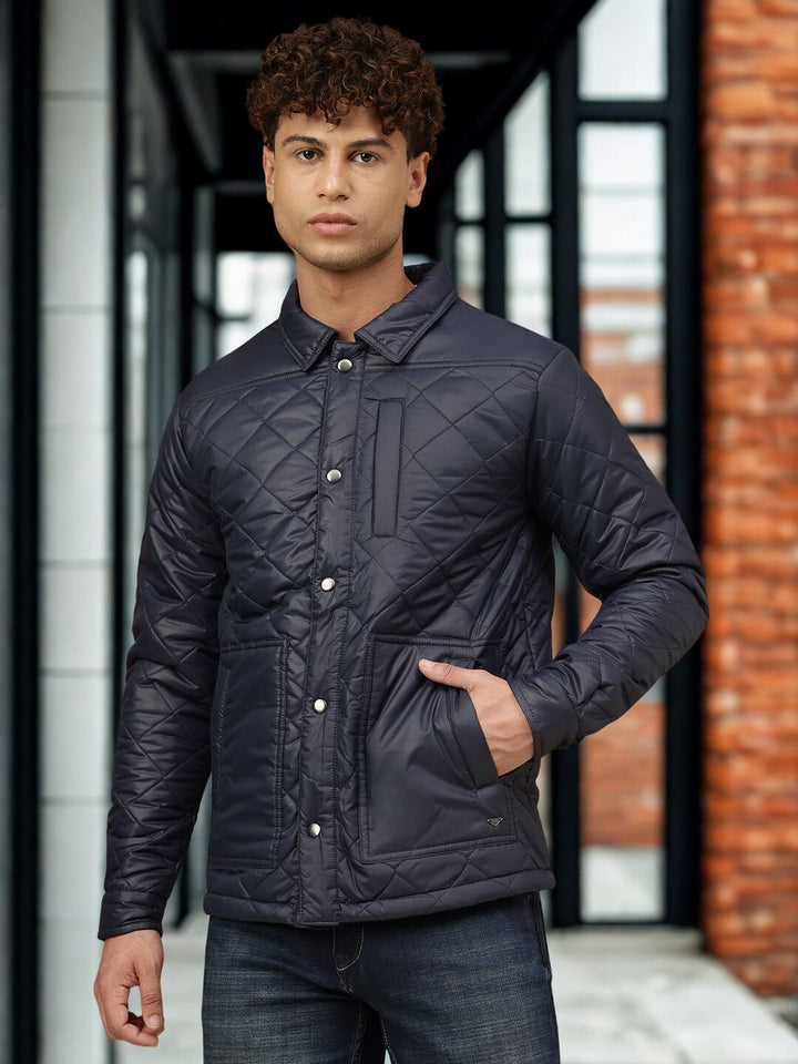 Men Navy Spread Collar Puffer Jacket