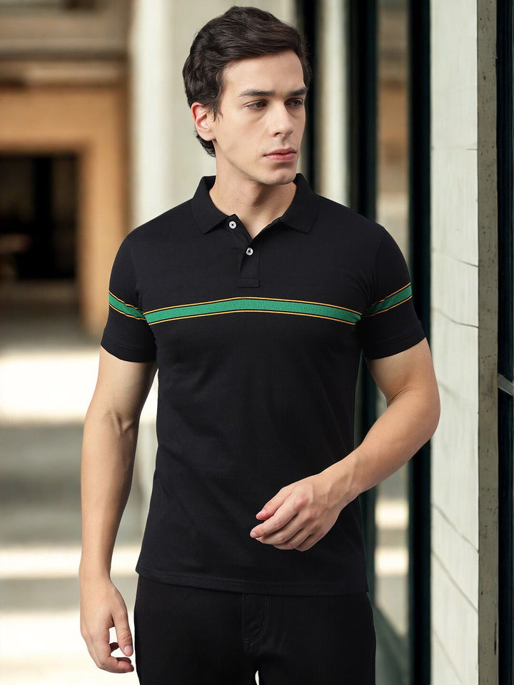 Men’s Black Regular Fit Striped Polo T-Shirt