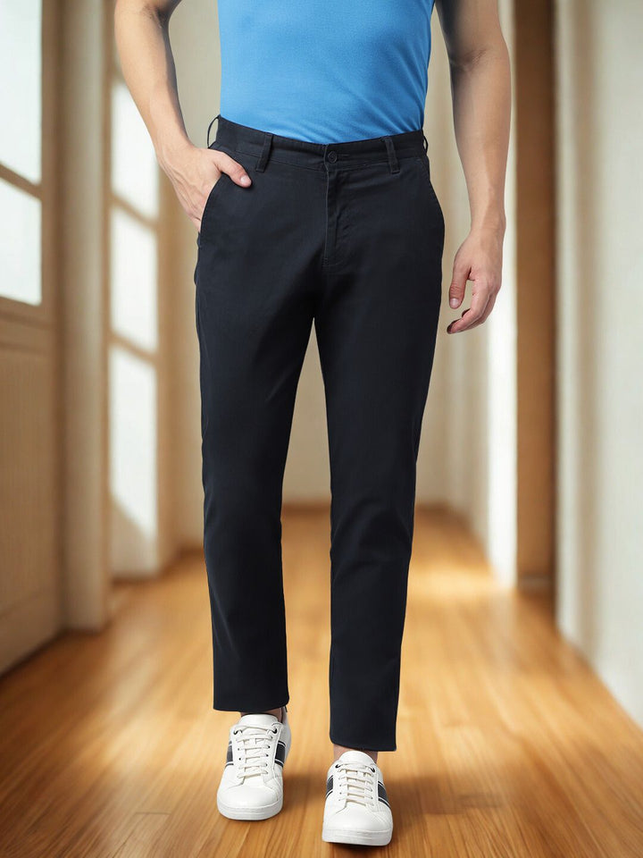Men Navy Straight Fit Mid Rise Casual Trouser