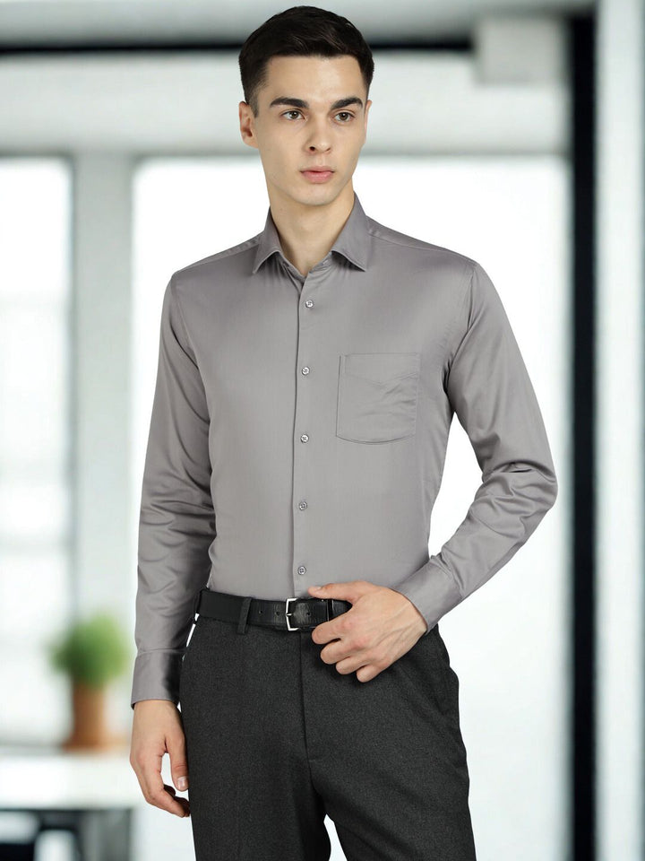 Men Solid Grey Cotton Formal Shirt