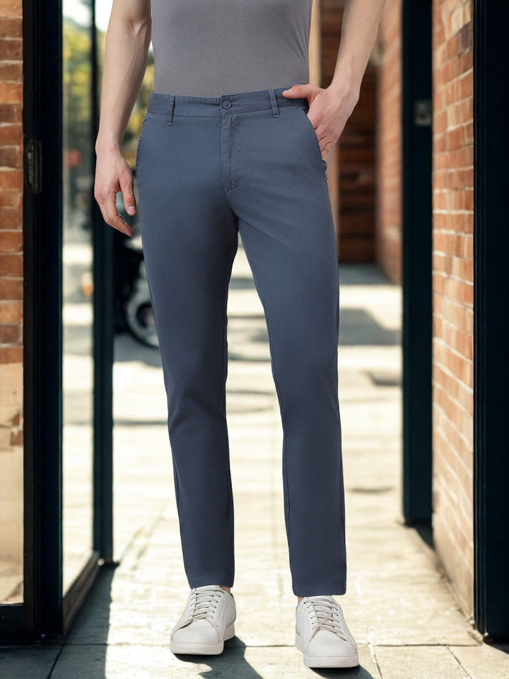 Men Dusty Blue Slim Fit Casual Trouser