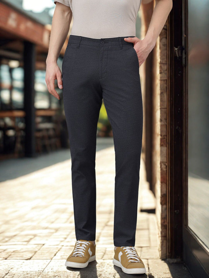 Men Black Soft Check Slim Fit Casual Trouser