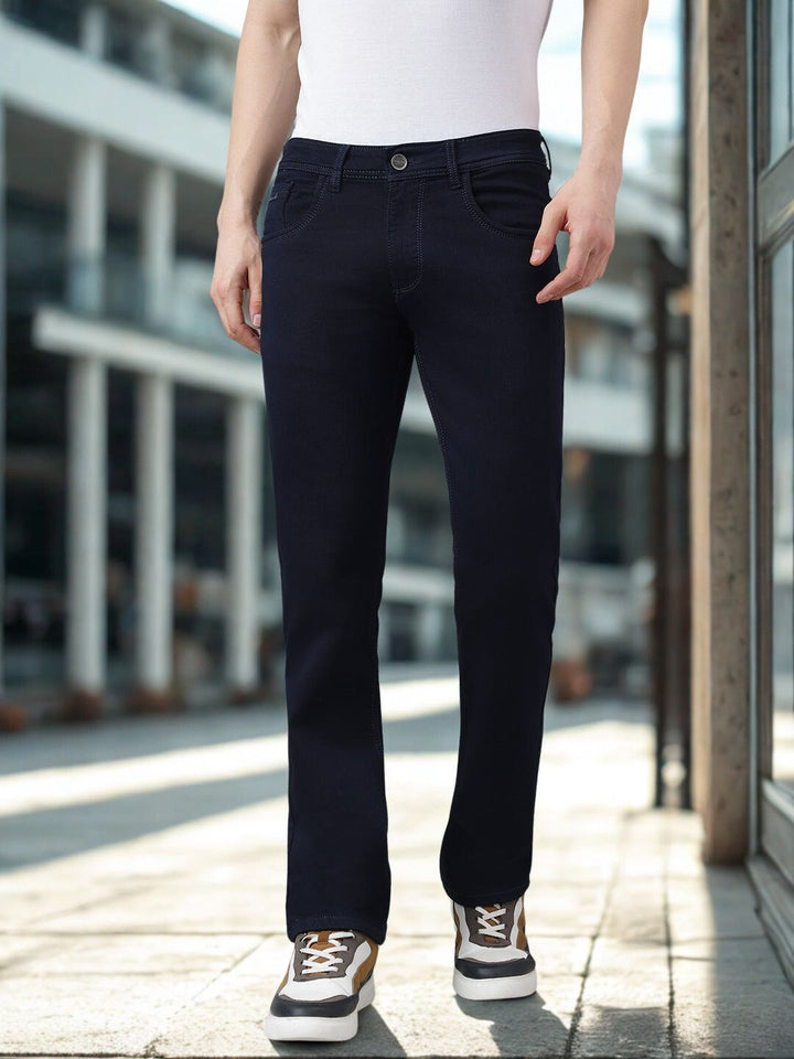 Men Navy Blue Straight Fit Mid Rise Jeans