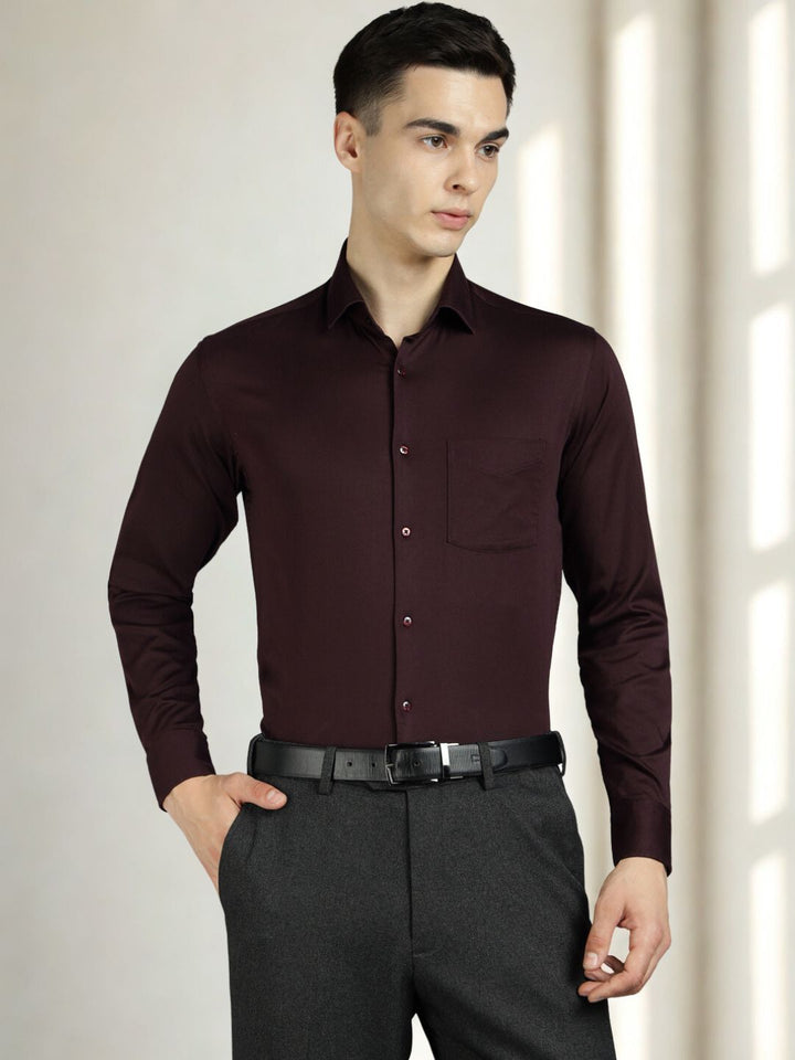 Men Solid Dark Maroon Cotton Formal Shirt