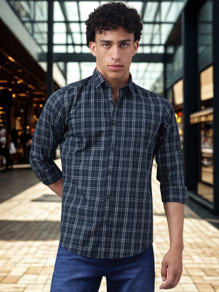 Men Navy Checked Regular Fit Casual Shirt