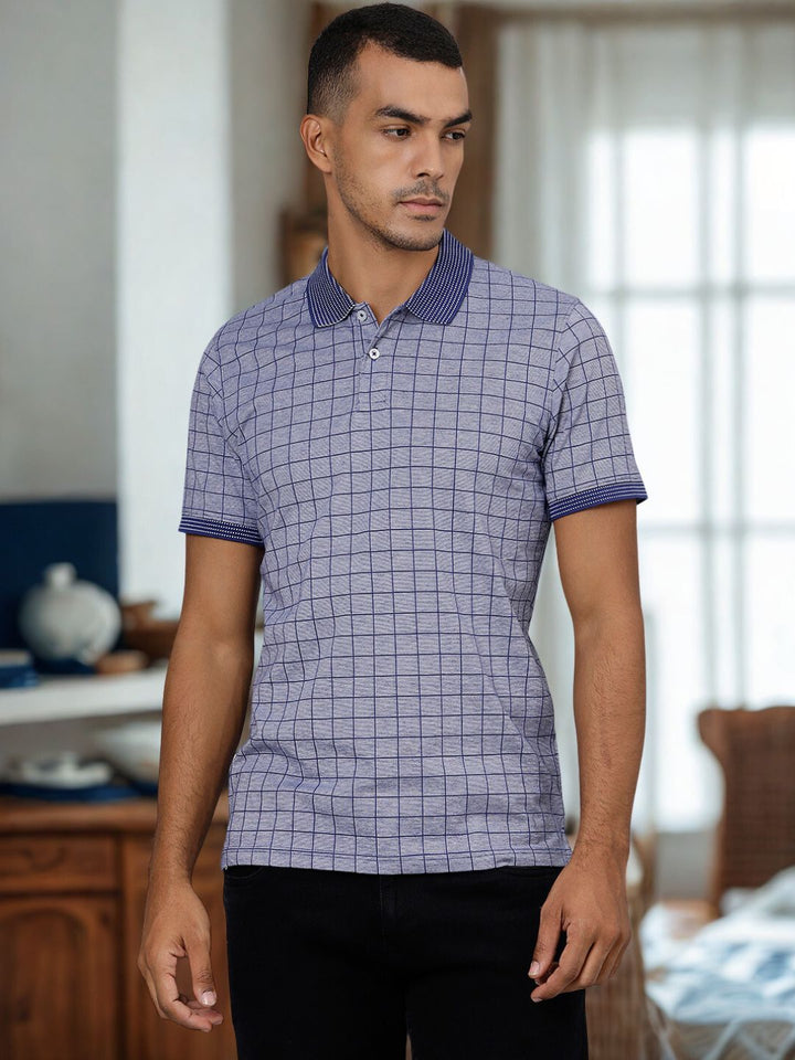 Men Blue Regular Fit Checkered Polo T-Shirt