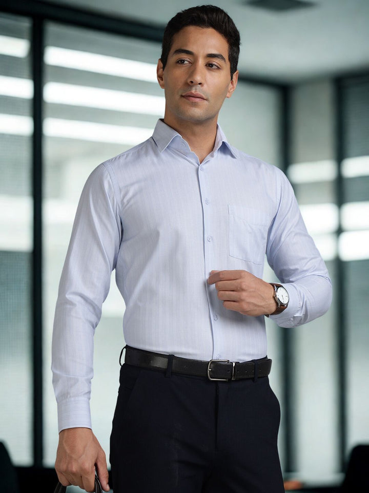 Men Light Blue Cotton Striped Formal Shirt