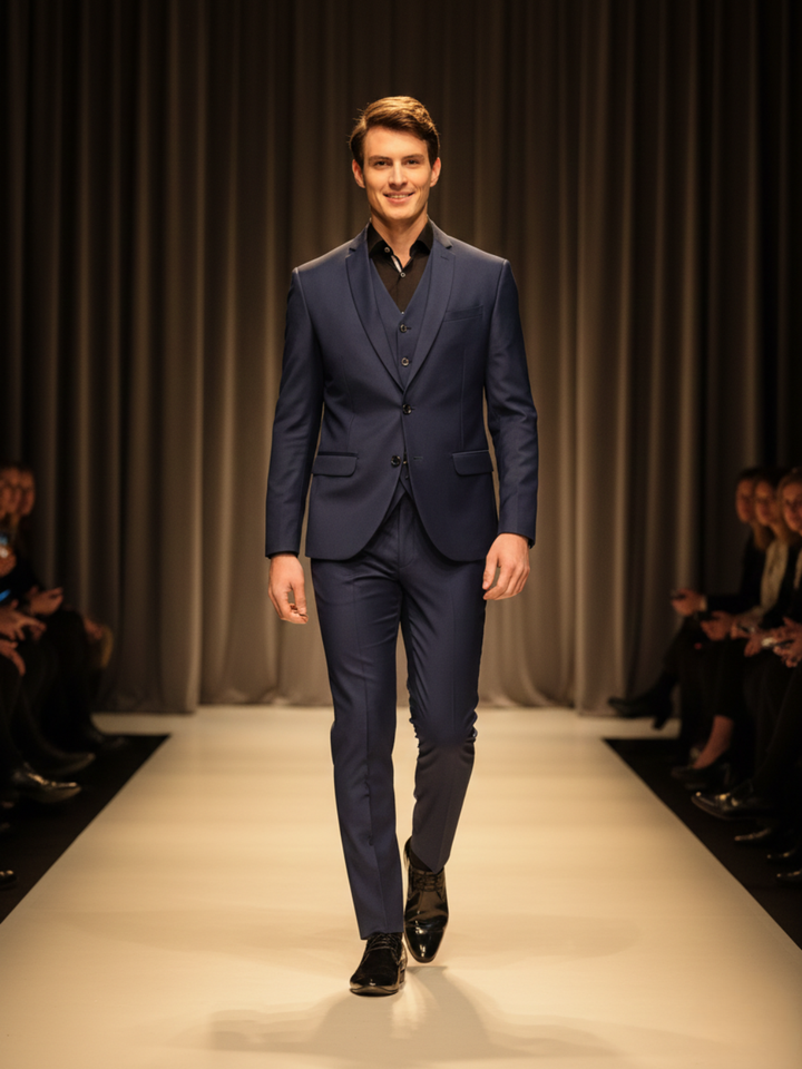 Men Blue Regular Fit Solid Three Piece Suit