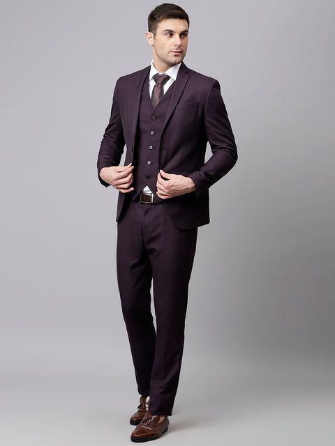 Men Wine 3 Piece Solid Formal Suit