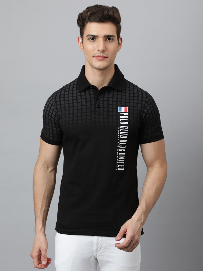 Men Black Regular Fit Checkered Polo Neck T-Shirt