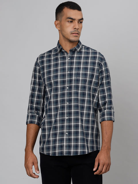 Men Navy  Slim Fit Checkered Casual Shirt