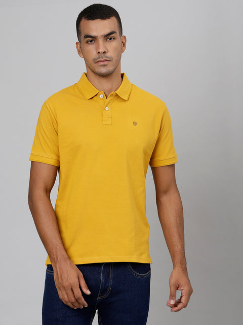 Men Mustard Regular Fit Solid Polo Neck T-Shirt